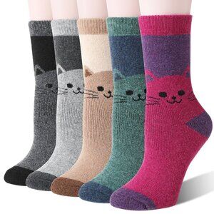 Merino Wool Thermal Winter Socks 5 Pairs Cute Cat Patterns Cozy Crew